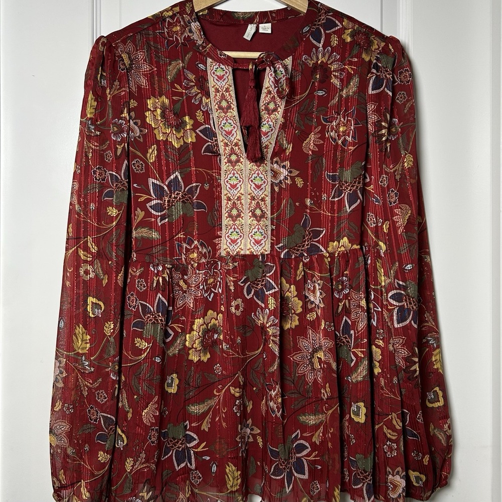Cato Burgundy Floral Boho Embroidered Peasant Tassel Tie Balloon Sleeve Blouse